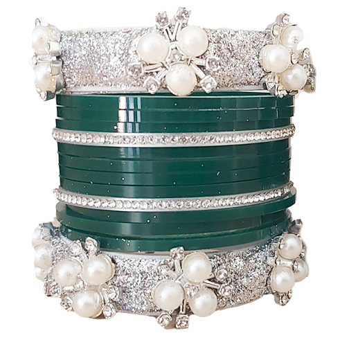 Green Bridal Chura Bangle Set with Pearl & Stone Work Green Bridal Chura Bangle Set with Pearl & Stone Work