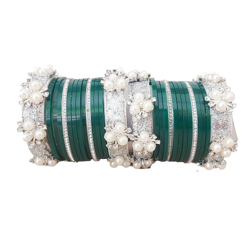 Green Bridal Chura Bangle Set with Pearl & Stone Work Green Bridal Chura Bangle Set with Pearl & Stone Work