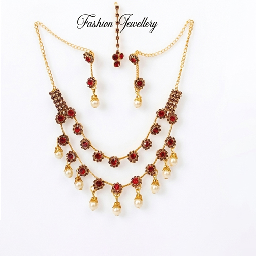 Elegant Traditional Gold with red studs Necklace Set for Women
