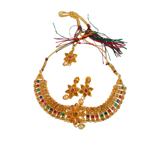 Gold Plated Ethnic Necklace Set with Colorful Stones