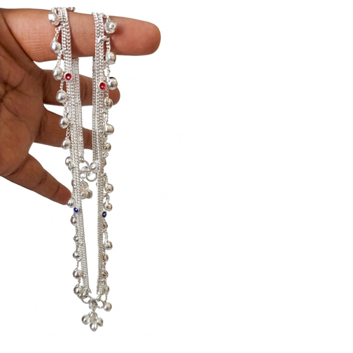 Stylish Silver Payal with Colored Stones & Ghungroo Bells