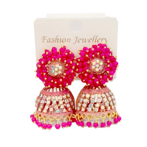 Pink Floral Beaded Jhumka Earrings for Women