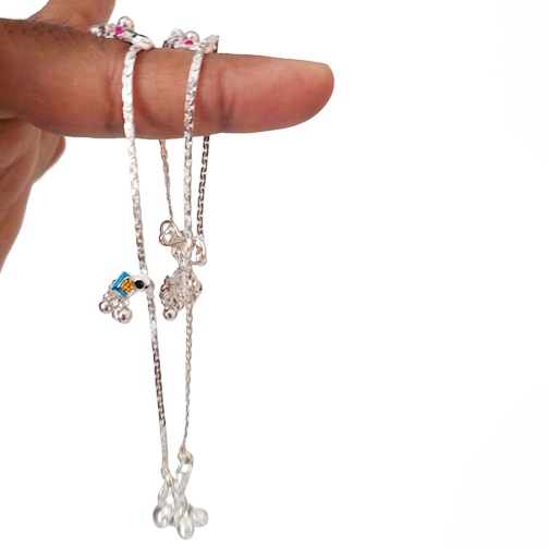 Cute Kids Silver Plated Anklet Payal with Multicolor Stone Charms for Girls