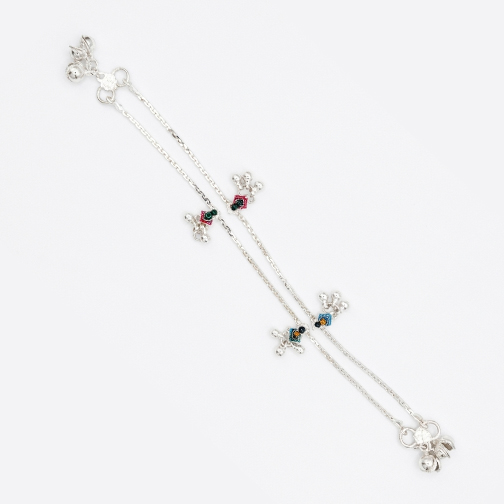 Cute Kids Silver Plated Anklet Payal with Multicolor Stone Charms for Girls